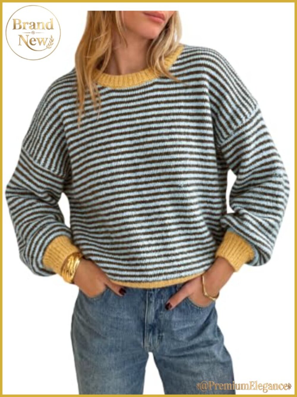 Womens Striped Knit Pullover Sweater Loose Fit Crewneck